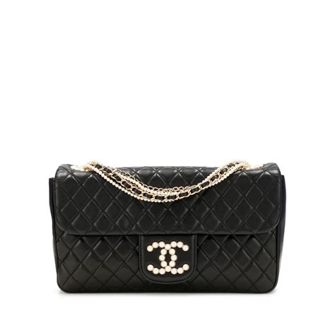 Chanel Black Quilted Lambskin Westminster Pearl Flap Gold .